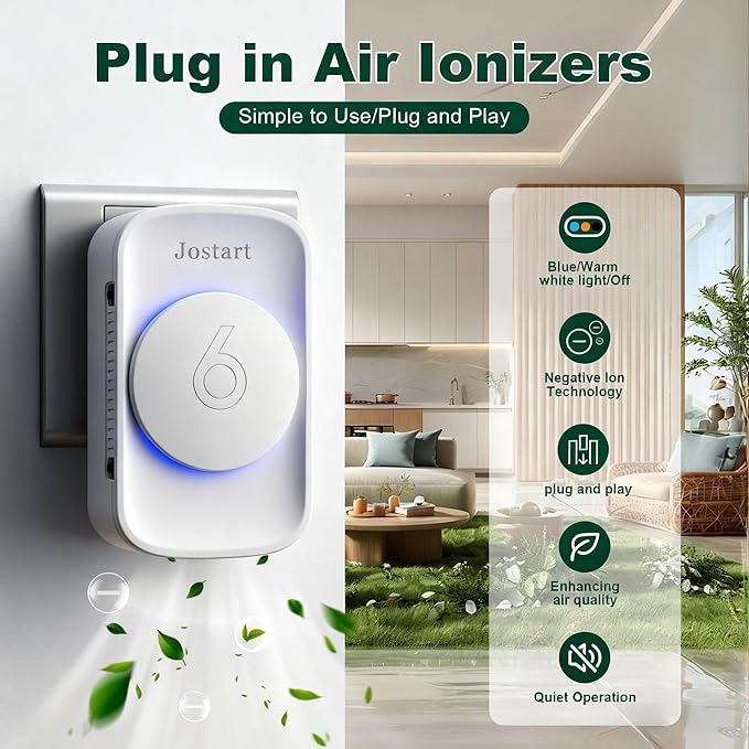 Air Ionizer for Home(3 pack), Ionic Air Purifier Plug in with 6 Carbon Fiber Tips, Ultra Quiet Portable Air Cleaner for Kitchen Bedroom Office Bathroom,Energy Efficient with Blue/Warm White Mood Light