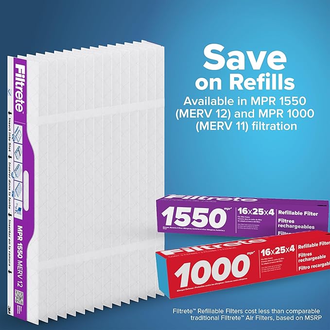 Filtrete 20x25x4 Refillable Air Filter replacement, MPR 1550, MERV 12, Allergen Bacteria & Virus, 2 Pack, use with reusable air filter frame of Filtrete Refillable Air Filter Kit, for HVAC, Furnace