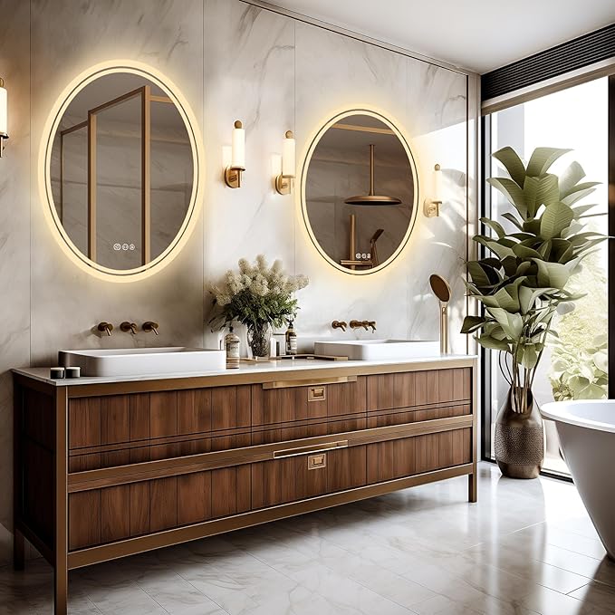LUVODI Lighted LED Bathroom Mirror: 32”x24” Oval Wall Mounted Dimmable Makeup Mirror Anti-Fog with Back Lit - Illuminated 3 Colors Vanity Mirrors with Demister Pad Smart Touch Switch IP56 Rated