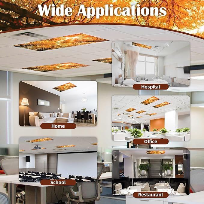 4 Pcs Fluorescent Light Covers - Classroom, Office 4 x 2 Feet Flame Retardant Magnetic Covers for Ceiling Lights Filters (Autumn & Sunset)