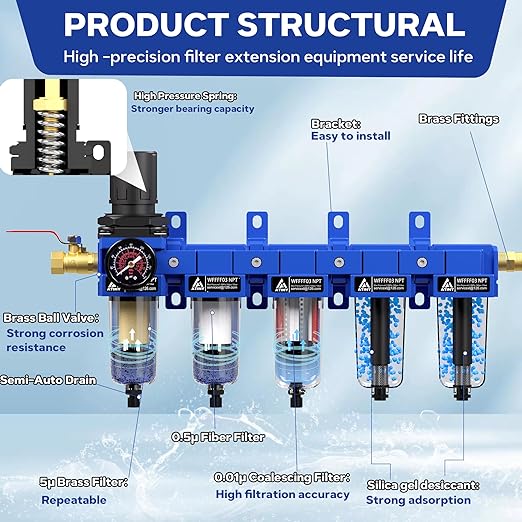 3/8'' NPT 5 Stage Air Drying System,5 &0.5 &0.01 Micron Filter Cartridge,Double Desiccant Dryers & Air Regulator,Metal Bowl, Semi-Auto Drain,Industrial Grade-Blue