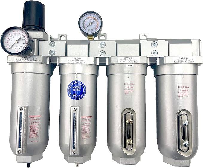 4 STAGE SUPER DUTY INDUSTRIAL GRADE ULTRA CLEAN FILTER REGULATOR COALESCING DESICCANT DRYER SYSTEM FOR COMPRESSED AIR LINES METAL BOWLS GREAT FOR PAINT SPRAY AND PLASMA CUTTER (3/4"NPT AUTO DRAIN)
