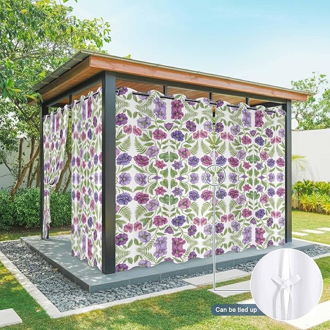 Flowers Outdoor Curtains for Patio Summer Floral Pastoral Farmhouse Plant Waterproof Outside Curtains with Grommet Top Weatherproof Curtain for Cabana Pergola Gazebo, 1 Panel, 54" W x 108" L