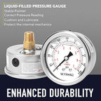 2-1/2" Dial Size, 0-100 Psi Pressure Gauge, Glycerin Liquid Filled, 1/4" NPT Back Mount, Stainless Steel Case, for Water Pump, Pneumatic Air, Well Tank, RV Hose, Gas, Low Pressure Test