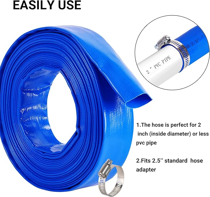 2.5" x 100 FT Pool Backwash Hose, Blue Heavy Duty Reinforced PVC Lay Flat Water Discharge Hose for Swimming Pool Filter Pump,with 2 Clamp
