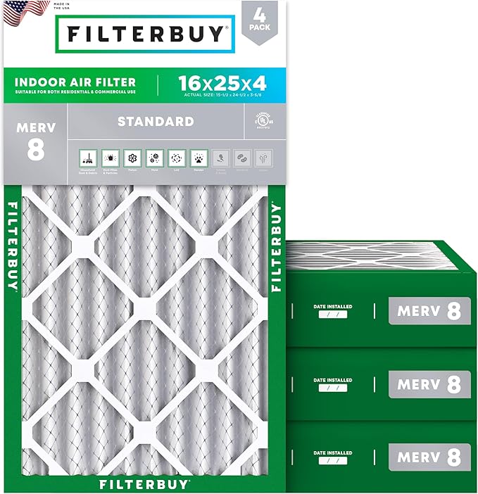 Filterbuy 16x25x4 Air Filter MERV 8 Essential Dust & Allergy Defense (4-Pack), Electrostatic Pleated HVAC AC Furnace Filters Replacement, Made in USA (Actual Size: 15.50 x 24.50 x 3.63)