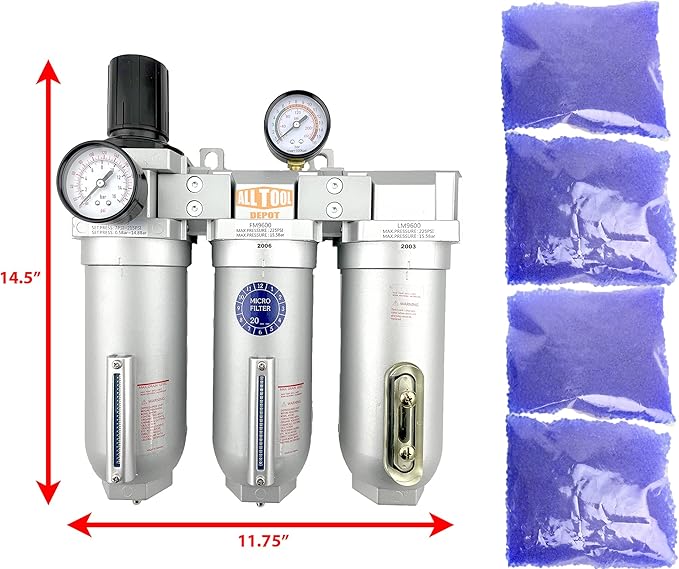 3/4" NPT SUPER DUTY Industrial Grade Filter Regulator Coalescing Desiccant Dryer System For Compressed Air Lines, Metal Bowls, Great For Paint Spray And Plasma Cutter (MANUAL DRAIN)