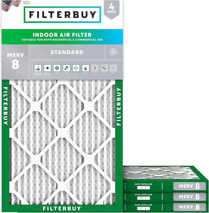 Filterbuy 13x24x1 Air Filter MERV 8 Essential Dust & Allergy Defense (4-Pack), Electrostatic Pleated HVAC AC Furnace Filters Replacement, Made in USA (Actual Size: 13.00 x 24.00 x 0.75)