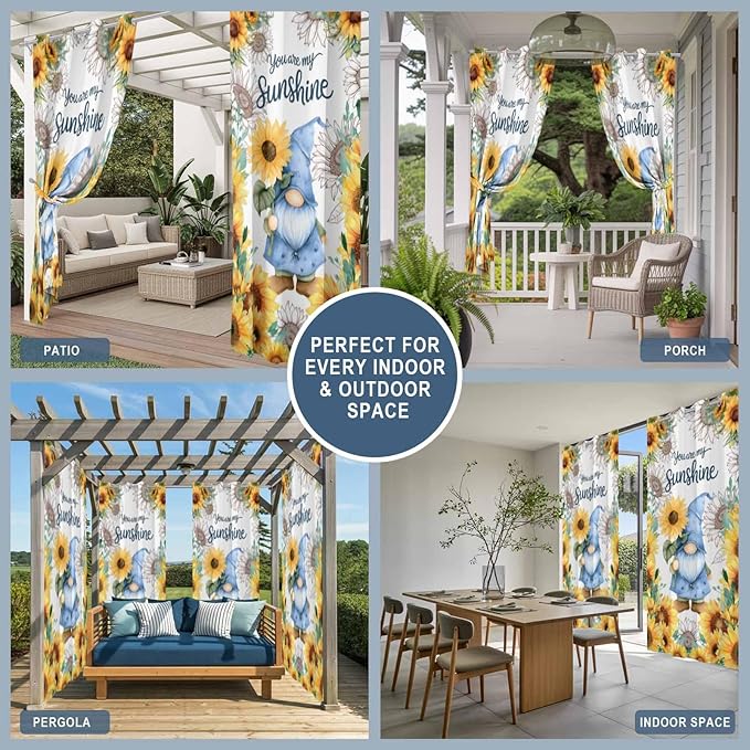 Summer Outdoor Curtains for Patio Sunflowers Gnome Eucalyptus Leaves Waterproof Outside Curtains with Grommet Top Weatherproof Curtain for Cabana Pergola Gazebo, 1 Panel, 54" W x 108" L