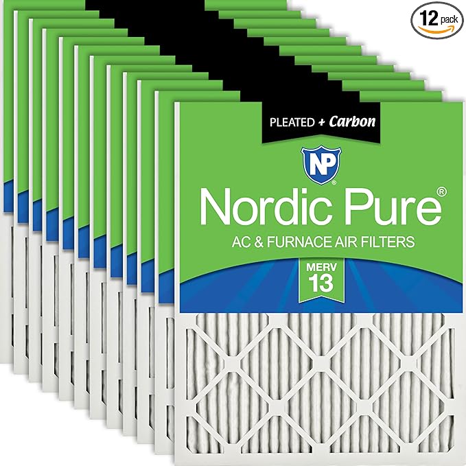 Nordic Pure 20x25x1 (19 1/2 x 24 1/2 x 3/4) Pleated Air Filters MERV 13 Plus Carbon 12 Pack