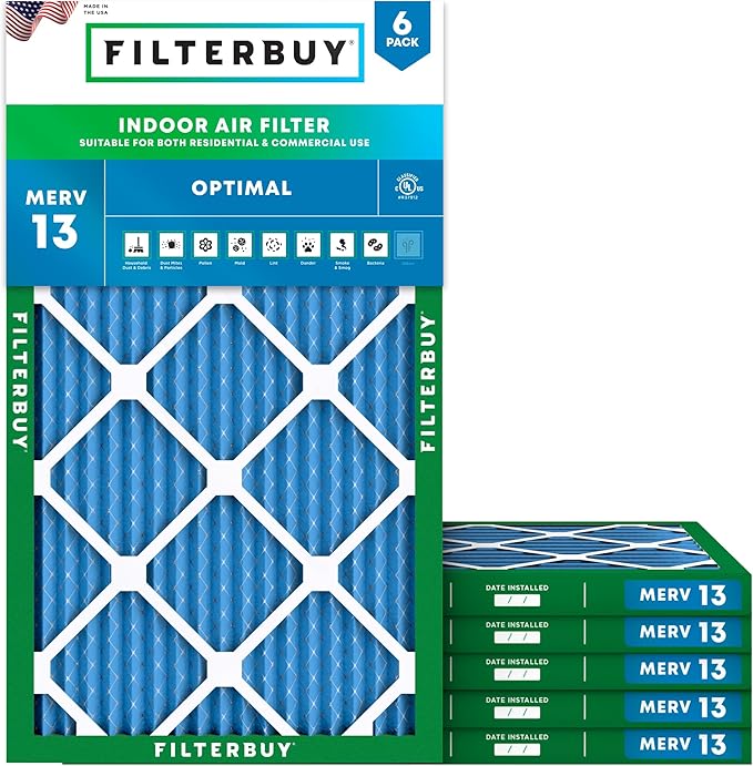 Filterbuy 13x24x1 Air Filter MERV 13 Optimal Smoke & Allergy Defense (6-Pack), Electrostatic Pleated HVAC AC Furnace Filters Replacement, Made in USA (Actual Size: 13.00 x 24.00 x 0.75)