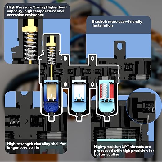 NEWPO 1/2" 3 Stage Air Drying System,Air Dryer for Compressor,Compressed Air Filter Regulator for Spray Guns,Regulator Combo 5＆0.5&0.01 Micron Filter Cartridge,Semi-Auto Drain, Metal Bracket