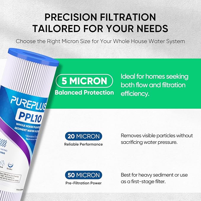 PUREPLUS 5 Micron 10"x2.5" Whole House Pleated Sediment Filter for Well Water, Replacement Cartridge for Universal 10 inch RO System, W50PE, WFPFC3002, SPC-25-1050, FM-50-975, 801-50, WB-50W, 2Pack