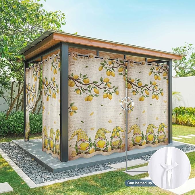 Summer Gnome Outdoor Curtains for Patio Gnome Lemon Leaf Vintage Waterproof Outside Curtains with Grommet Top Weatherproof Curtain for Cabana Pergola Gazebo, 2 Pack, 54" W x 95" L