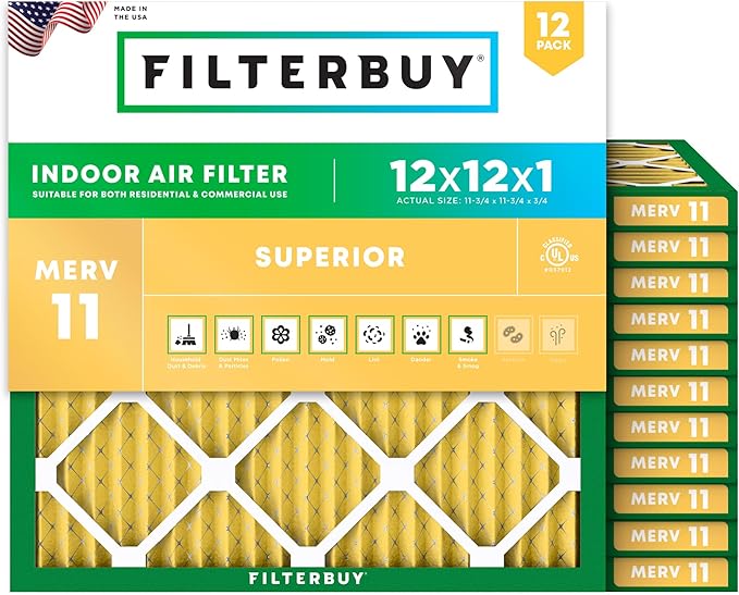 Filterbuy 12x12x1 Air Filter MERV 11 Superior Pet & Allergy Defense (12-Pack), Electrostatic Pleated HVAC AC Furnace Filters Replacement, Made in USA (Actual Size: 11.75 x 11.75 x 0.75)