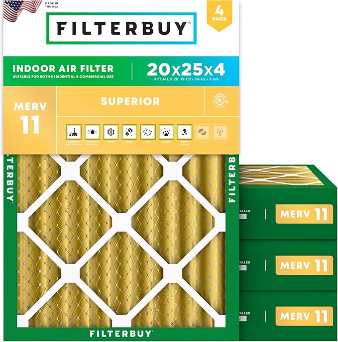 Filterbuy 20x25x4 Air Filter MERV 11 Superior Pet & Allergy Defense (4-Pack), Electrostatic Pleated HVAC AC Furnace Filters Replacement, Made in USA (Actual Size: 19.50 x 24.50 x 3.63)
