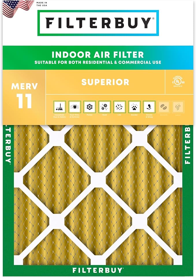 Filterbuy 16x20x2 Air Filter MERV 11 Superior Pet & Allergy Defense (1-Pack), Electrostatic Pleated HVAC AC Furnace Filters Replacement, Made in USA (Actual Size: 15.50 x 19.50 x 1.75)