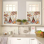 Fall Kitchen Curtain Set, Thanksgiving Gnomes Maple Leaf Pumpkin Beige Window Valance and Tiers 24" Length, Light Filtering Short Curtains Valance for Cafe Bathroom Bedroom 54"x18"