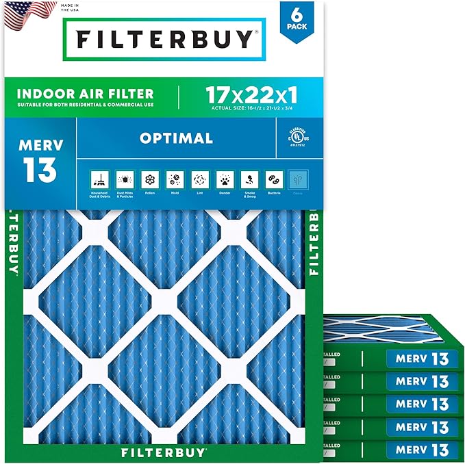 Filterbuy 17x22x1 Air Filter MERV 13 Optimal Smoke & Allergy Defense (6-Pack), Electrostatic Pleated HVAC AC Furnace Filters Replacement, Made in USA (Actual Size: 16.50 x 21.50 x 0.75)