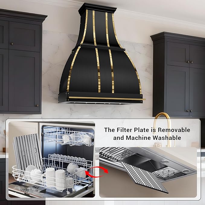 CHETTO C Stainless Steel Range Hood Cover with 4-Speed Vent Hood Insert Custom Handmade Metal Kitchen Fan with Towel Rack LED Light 60"W x24"D x24"H Black Wall Mount