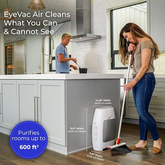EyeVac Air 2-in-1 HEPA Air Purifier & Touchless Vacuum Automatic Dustpan - Ultra Fast & Powerful - Covers 600 Sq ft - Corded Canister Vacuum, Bagless, Automatic Sensors, 1000 Watt (White/White)