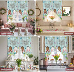 Swag Curtain Valances for Kitchen Windows,Happy Easter Bunny Butt Egg Floral Short Rod Pocket Window Valance,Spring Plant on Aqua Wood Swag Topper for Bedroom Living Room,2 Panels 28x36in