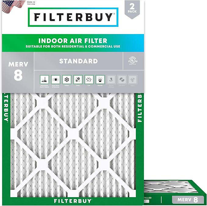 Filterbuy 16.5x21x1 Air Filter MERV 8 Essential Dust & Allergy Defense (2-Pack), Electrostatic Pleated HVAC AC Furnace Filters Replacement, Made in USA (Actual Size: 16.50 x 20.50 x 0.75)