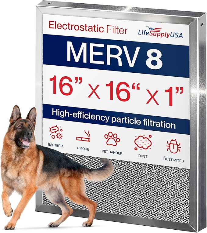16x16x1 Electrostatic Air Filter, MERV 8, Washable, Reusable Furnace AC/HVAC Filter, Energy Saving, Easy to Clean, Long-Lasting by LifeSupplyUSA