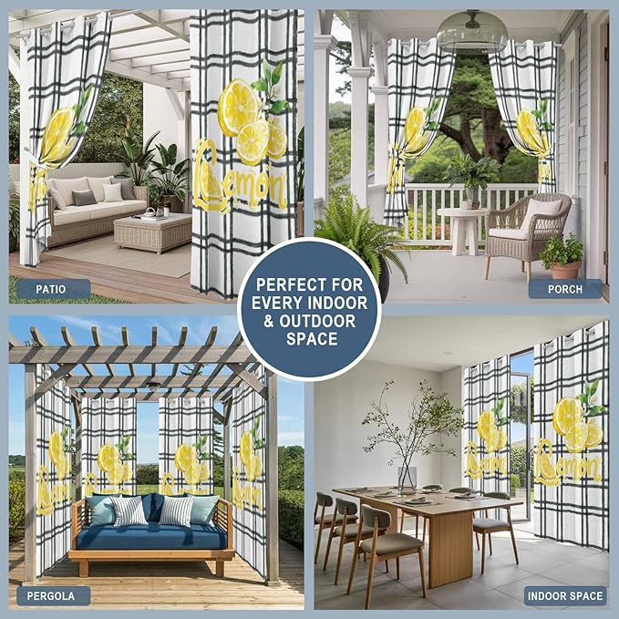 Lemon Outdoor Curtains for Patio Lemon Leaves Summer Plaid Buffalo Waterproof Outside Curtains with Grommet Top Weatherproof Curtain for Cabana Pergola Gazebo, 2 Pack, 54" W x 95" L