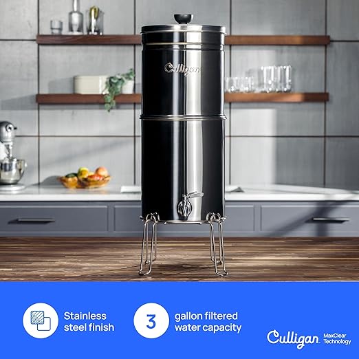 Culligan MaxClear 3 Gallon Gravity Water Filter System, Brushed Stainless-Steel Countertop Water Filter NSF/ANSI Certified to Reduce Microplastics, Lead & Total PFAS, with 6 Ceramic Filters