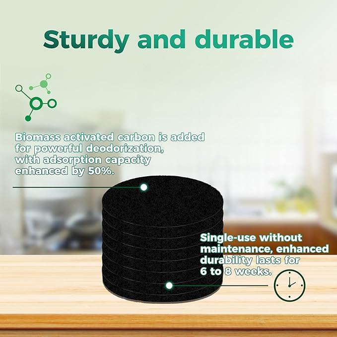 Fiber Cotton Activated Charcoal Compost Filters -7 Pack 7.3 Inch Round Odor Control Replacement for Kitchen Compost Bins, Countertop Compost Bin and Compost Bucket