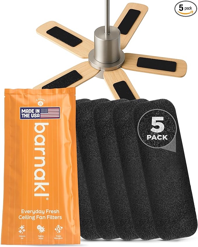Barnakl Ceiling Fan Air Purifier Pads, Activated Coconut Shell Carbon Fan Filters Trap Dust, Odors & Allergens, Easy-Stick Universal Fit for Ceiling Fan Blades, Odorless & Unscented - (5 Count)