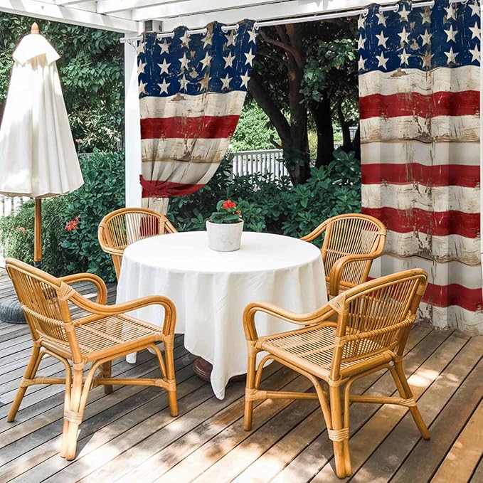 4th of July Outdoor Curtains for Patio USA Flag Independence Day Vintage Waterproof Outside Curtains with Grommet Top Weatherproof Curtain for Cabana Pergola Gazebo, 2 Pack, 54" W x 95" L
