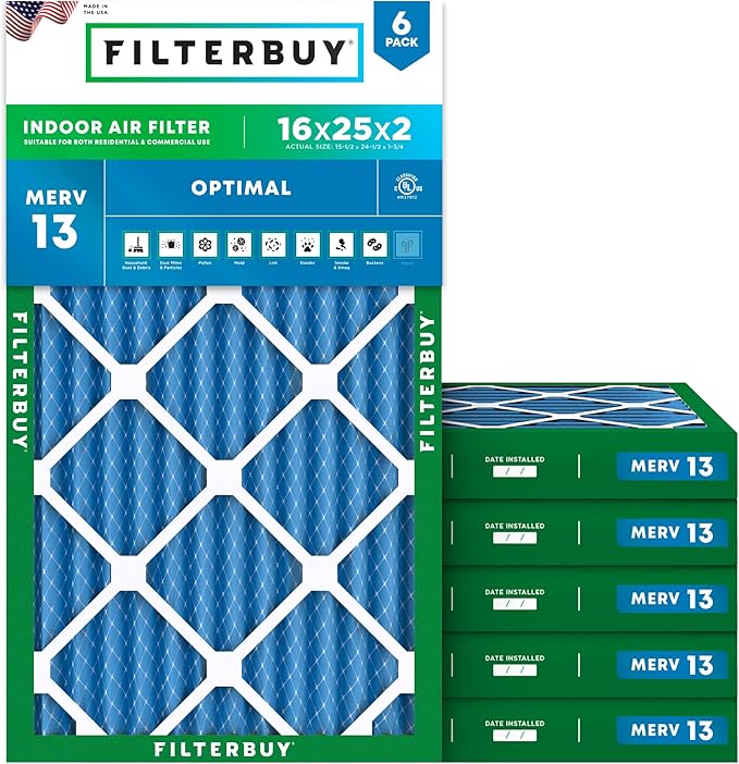 Filterbuy 16x25x2 Air Filter MERV 13 Optimal Smoke & Allergy Defense (6-Pack), Electrostatic Pleated HVAC AC Furnace Filters Replacement, Made in USA (Actual Size: 15.50 x 24.50 x 1.75)
