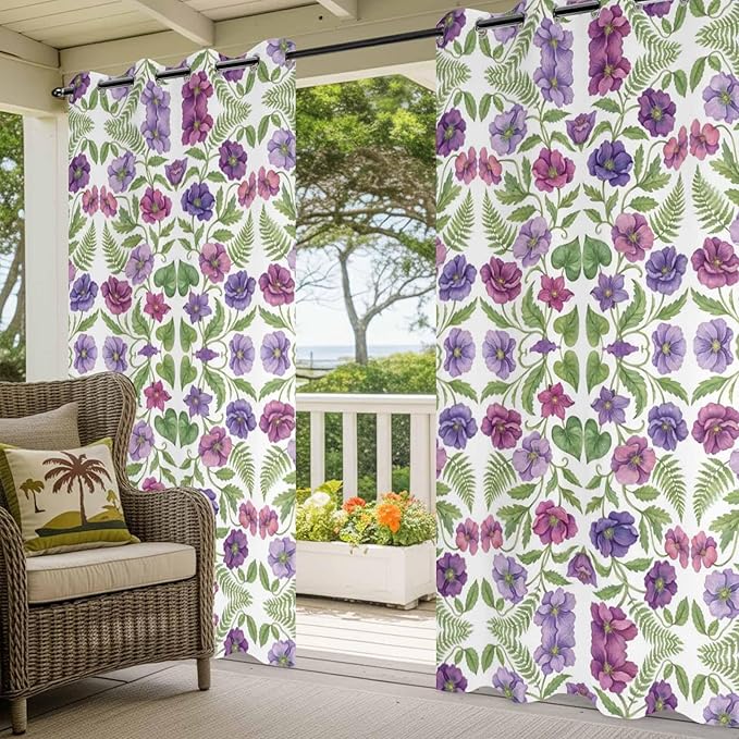 Flowers Outdoor Curtains for Patio Summer Floral Pastoral Farmhouse Plant Waterproof Outside Curtains with Grommet Top Weatherproof Curtain for Cabana Pergola Gazebo, 1 Panel, 54" W x 84" L
