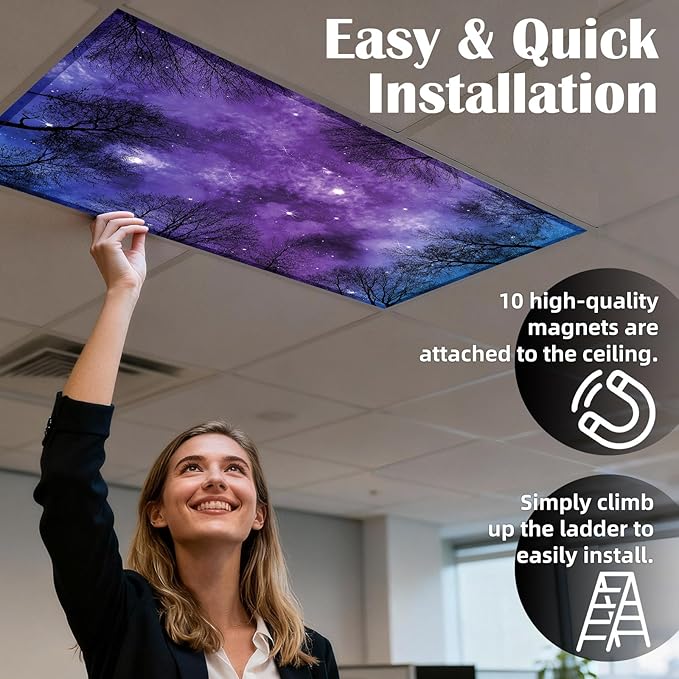 4 Pcs Fluorescent Light Covers - Classroom, Office 4 x 2 Feet Flame Retardant Magnetic Covers for Ceiling Lights Filters (Forests & Starry Sky)