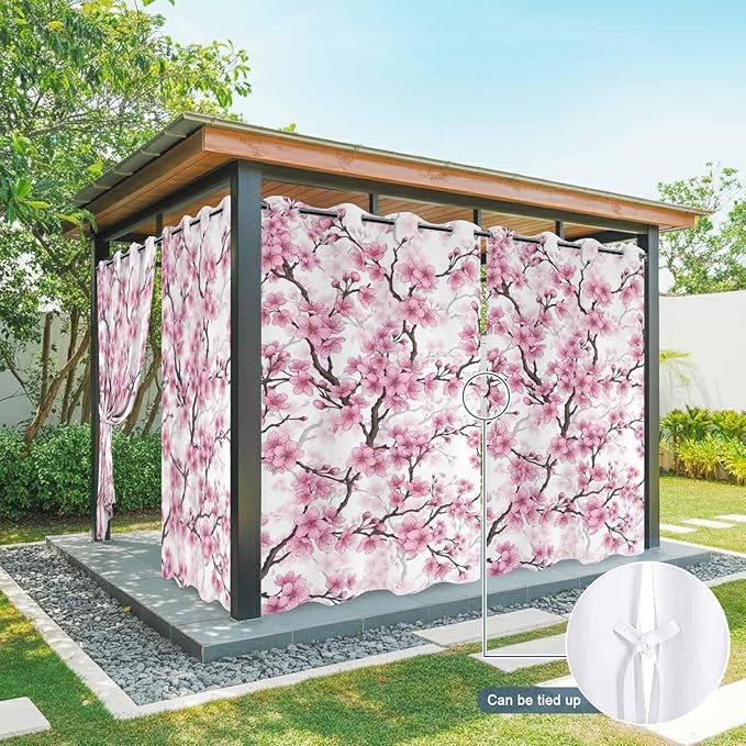 Cherry Flowers Outdoor Curtains for Patio Spring Flower Vintage Watercolor Waterproof Outside Curtains with Grommet Top Weatherproof Curtain for Cabana Pergola Gazebo, 2 Pack, 54" W x 84" L