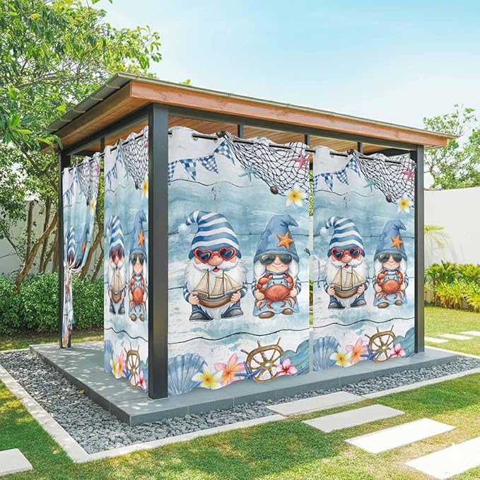 Ocean Gnome Outdoor Curtains for Patio Summer Marine Plumeria Shell Wood Blue Waterproof Outside Curtains with Grommet Top Weatherproof Curtain for Cabana Pergola Gazebo, 1 Panel, 54" W x 95" L
