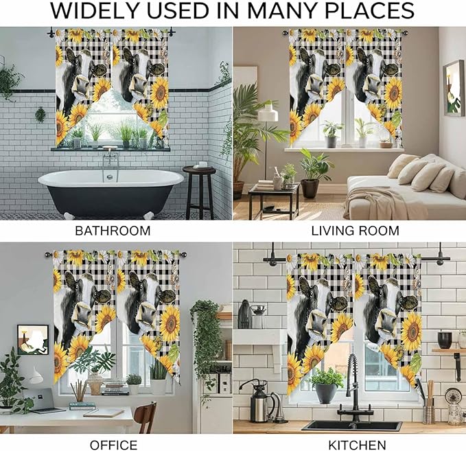 Retro Sunflowers Swag Valances for Windows, Farmhouse Floral Cow Butterfly Black Plaid Rod Pocket Kitchen Curtains Valance, Small Window Curtains Swag for Cafe Living Room, 2 Panels, 28x36 inch