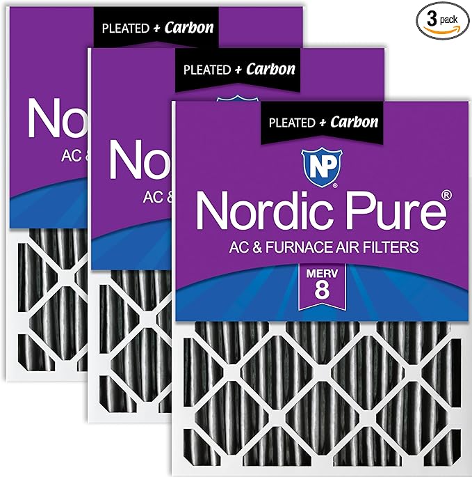 Nordic Pure 25x25x2 (Actual Size: 24 1/2 x 24 1/2 x 1 3/4) Furnace Air Filters MERV 8 Pleated Plus Carbon 3 Pack