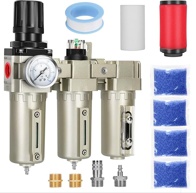 3/4" NPT Industrial Air Dryer for Compressor,3 Stage Air Compressor Water Separator System,Filter Oil Water Separator Dryer for Plasma Cutter and Paint Spray,Manual Drain