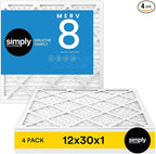 Simply 12x30x1 Air Filter, Merv 8, 4 Pack, For Home AC Furnace & HVAC (Actual Size: 11.75"x29.75"x0.75") DUST, Pet, & Allergy Control