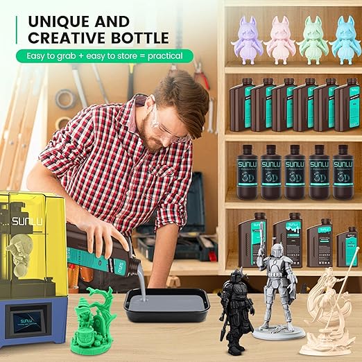 SUNLU 3D Printer Resin Bundle, 395 to 405nm UV Curing 3D Printing Liquid Photopolymer Resin, Low Shrinkage and High Precision,(Grey+Dark Grey+Clear+Clear Blue,1kg Per Bottle,4kg in Total)