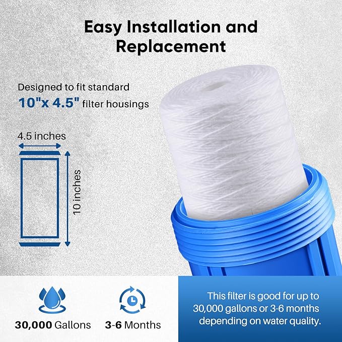 PUREPLUS 5 Micron 10 x 4.5 Whole House String Wound Sediment Filter for Well Water, Replacement Cartridge for 84637, WPX5BB97P, PC10, 355214-45, 355215-45, WP10BB97P, WP5BB97P, 2Pack