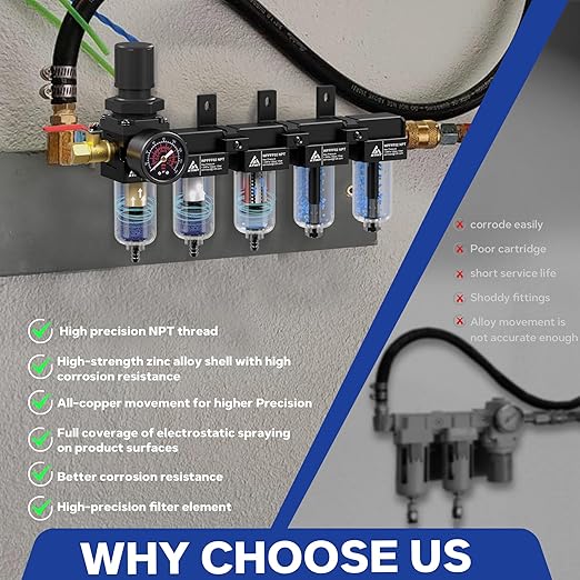 1/4'' NPT 5 Stage Compressed Air Dryer,Air Dryer for Compressor 5 &0.5 &0.01 Micron Filter Cartridge,Double Desiccant Dryers & Air Regulator,Metal Bowl, Semi-Auto Drain,Industrial Grade-Black