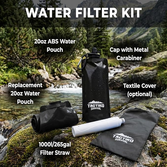 Tactiko Survival 20oz/600ml Purifying Water Bottle Filter Kit - Filter 265 Gal. Water from Rivers, Lakes & Streams - SGS Certified - UF Membrane, Activated Carbon - Camping, Hiking, Emergency (Black)
