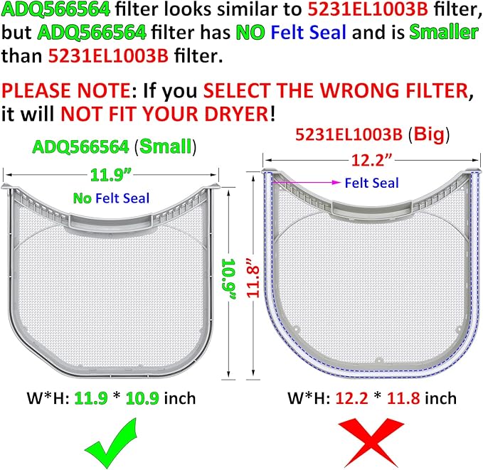 ADQ566564 Lint Filter Replacement for LG and Kenmore Dryers, Ultra Durable Lint Screen Trap, Rim without Felt Seal, Filter Size 11.9 * 10.9 inch (30.1 * 27.6 cm)