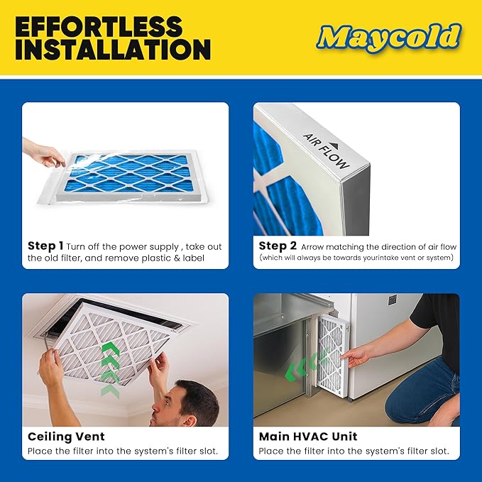 Maycold 10x20x1 MERV 11 Furnace Air Filter (6-Pack), High-Performance HVAC AC Filters for Home Use, Actual Size: 9.70” x 19.70” x 0.75”, Individually Wrapped in Plastic