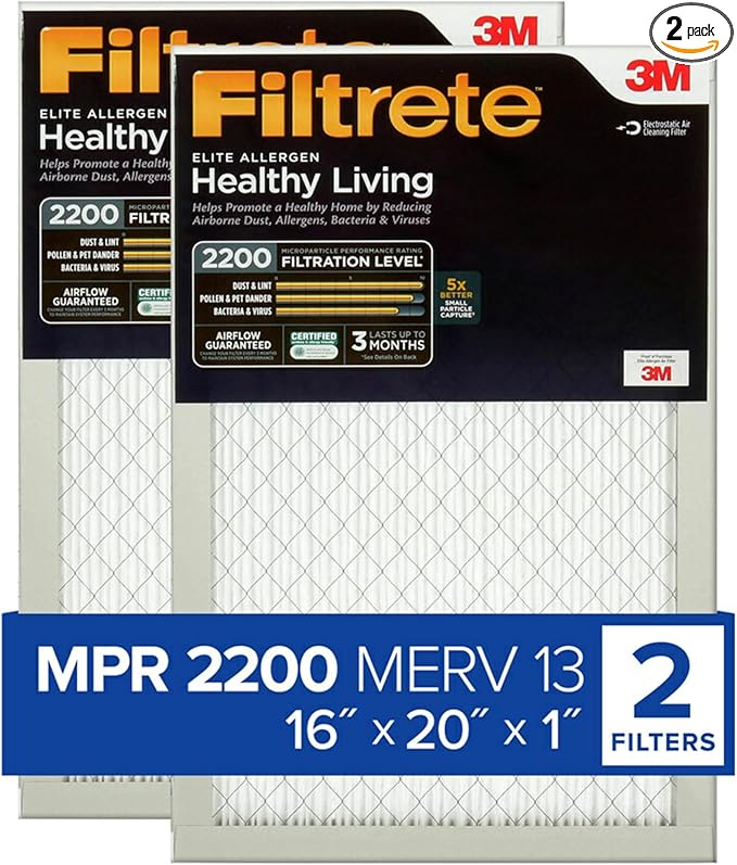 Filtrete 16x20x1 AC Furnace Air Filter, MERV 13, MPR 2200, Elite Allergen, Bacteria & Virus Filter, 3-Month Pleated 1-Inch Electrostatic Air Cleaning Filter, 2-Pack (Actual Size 15.69x19.69x0.78 in)