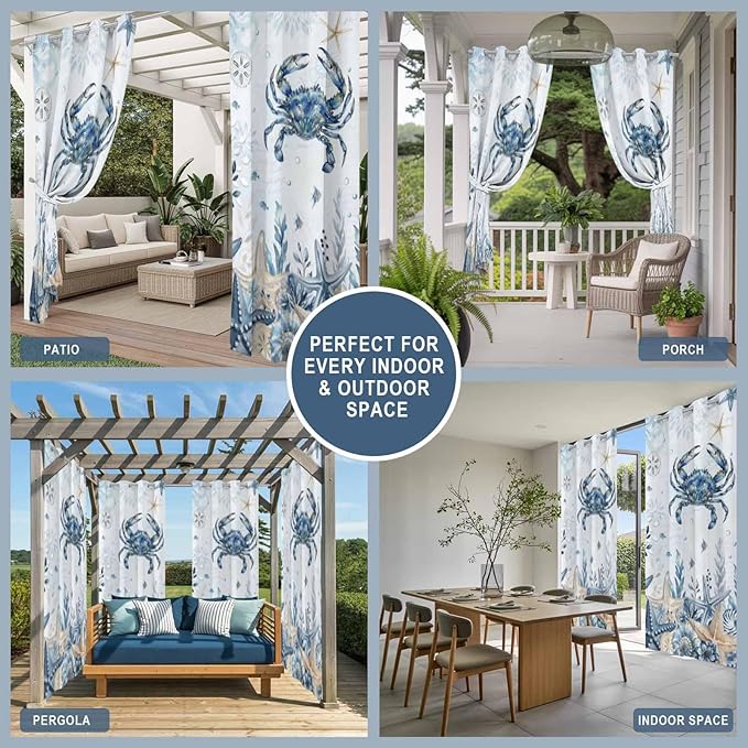 Oceans Outdoor Curtains for Patio Crabs Marine Life Shell Starfish Blue Waterproof Outside Curtains with Grommet Top Weatherproof Curtain for Cabana Pergola Gazebo, 1 Panel, 54" W x 108" L